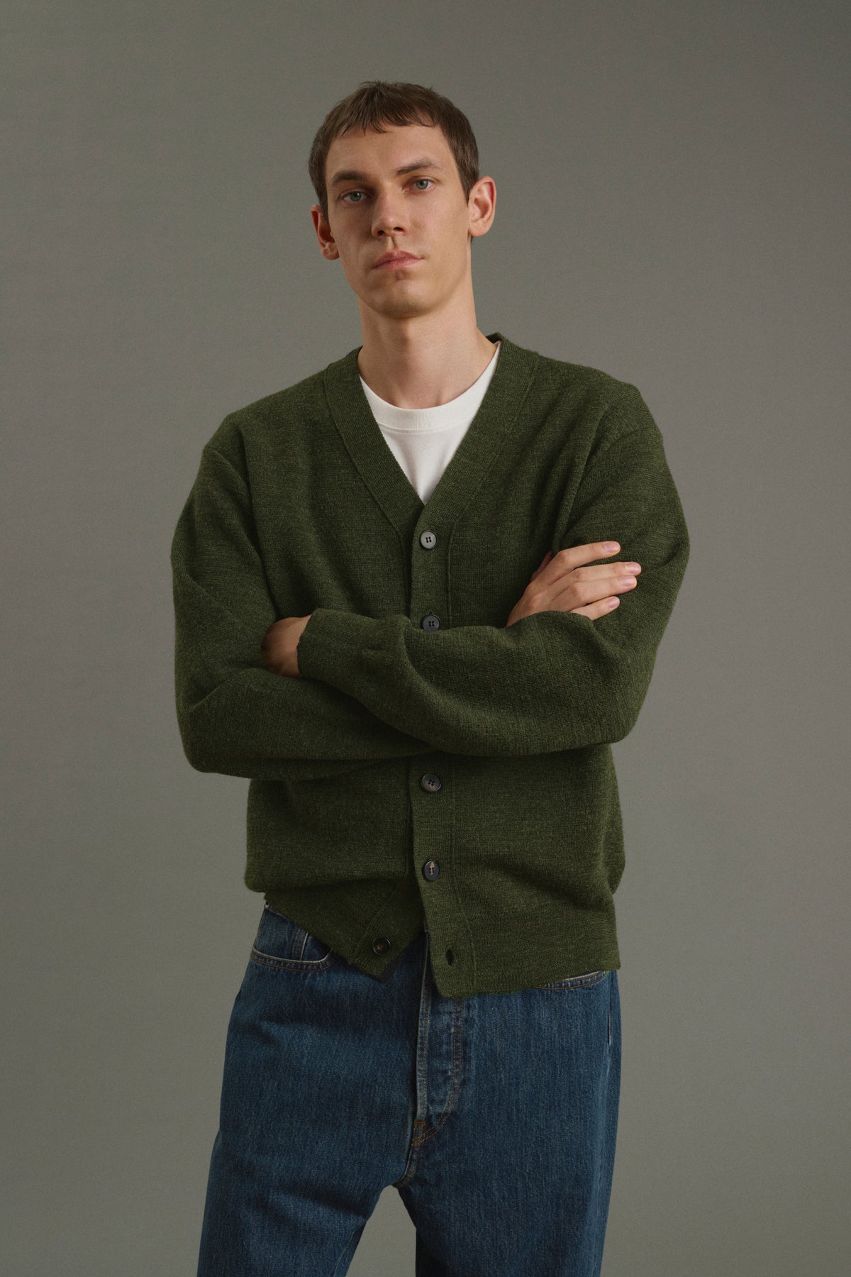 Cardigan Romeo - Dark Khaki - Wool - Men