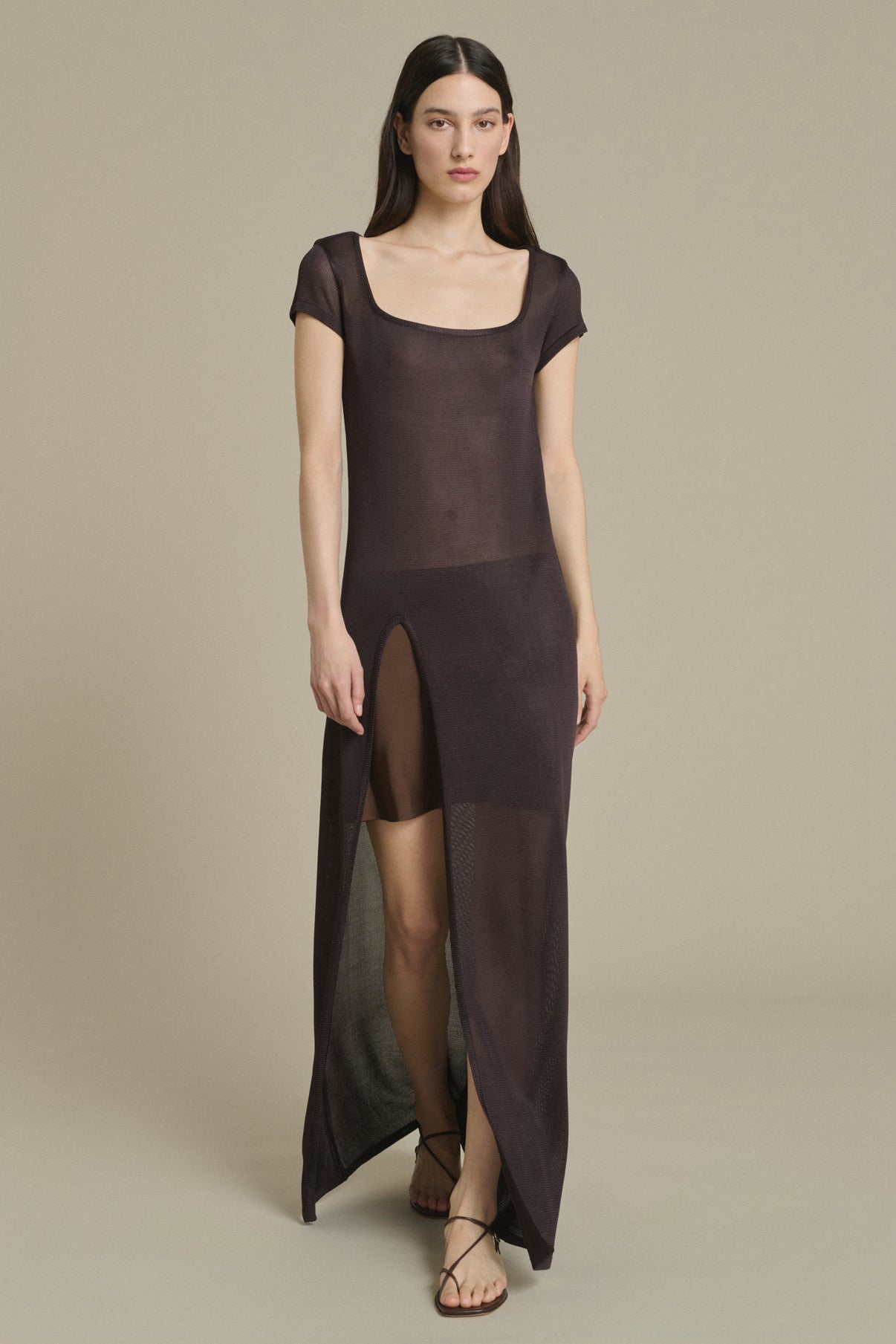 Ornella long mocha slit dress Soeur & TL180 - Soeur vue 1